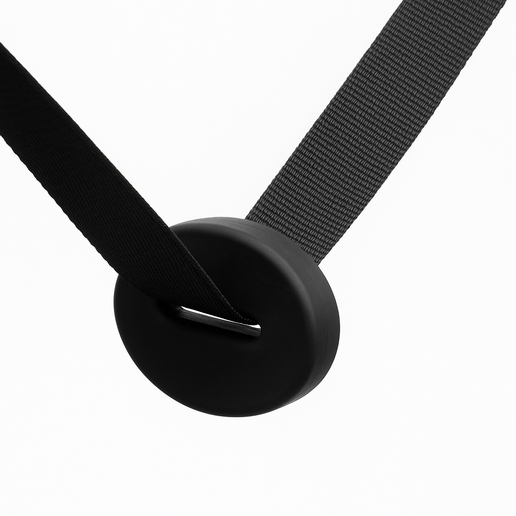 Black belt with a round black buckle on a white background